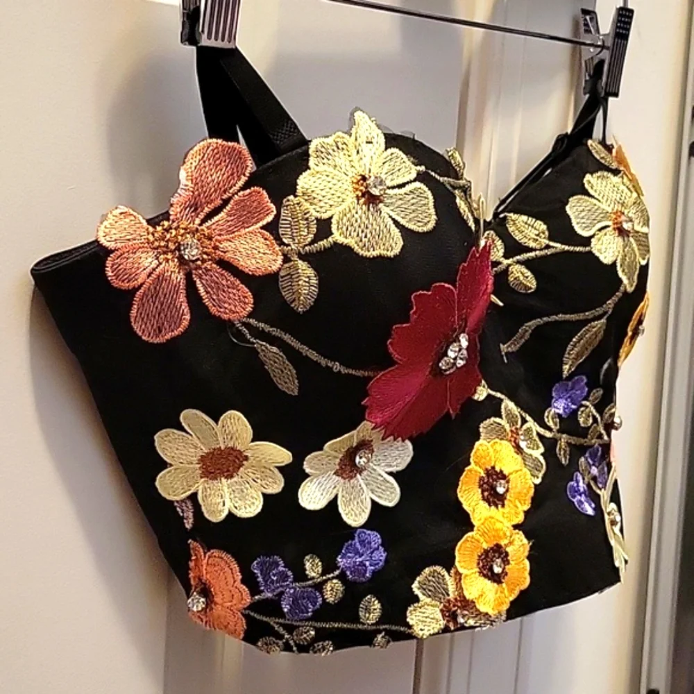 Anthropologie Black Floral Embroidered Bustier Crop Top